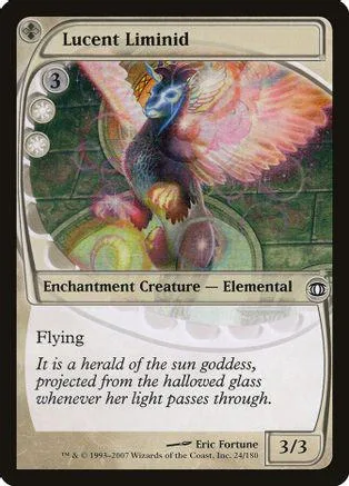 Blue and orange elemental creature on a card, "Lucent Liminid.