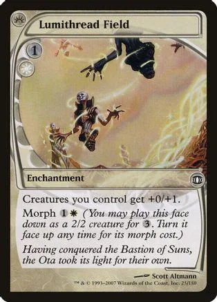 Magic: The Gathering card, Lumithread Field, depicting dark creatures in a golden landscape.