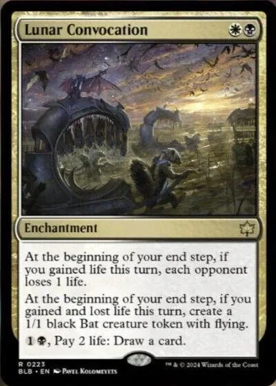 Magic: The Gathering card, Lunar Convocation, dark fantasy scene, black and purple tones.
