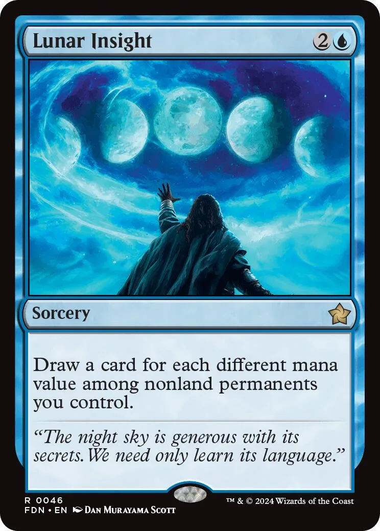 Blue and white card art showing a figure under glowing moons in a night sky.