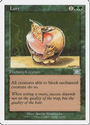 Apple on a card, green background. Enchant creature with text box.
