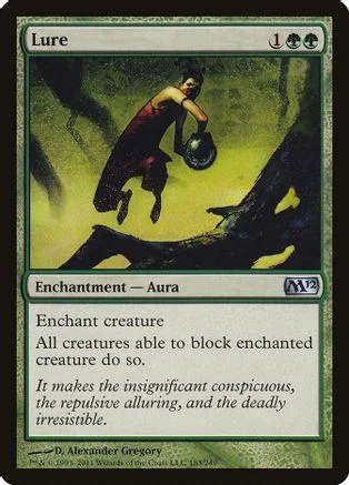 Woman in red jumps toward dark object in green and yellow landscape.