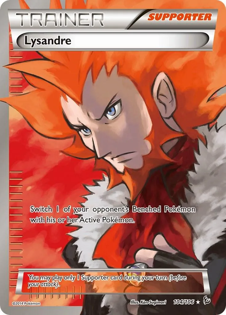 Orange-haired trainer card featuring a fierce character against a red background.