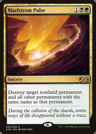 Magic: The Gathering card, "Maelstrom Pulse," showing a fiery, chaotic landscape.