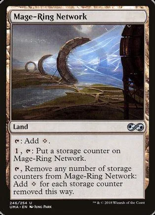 Magic: The Gathering card, Mage-Ring Network, landscape art, land type.