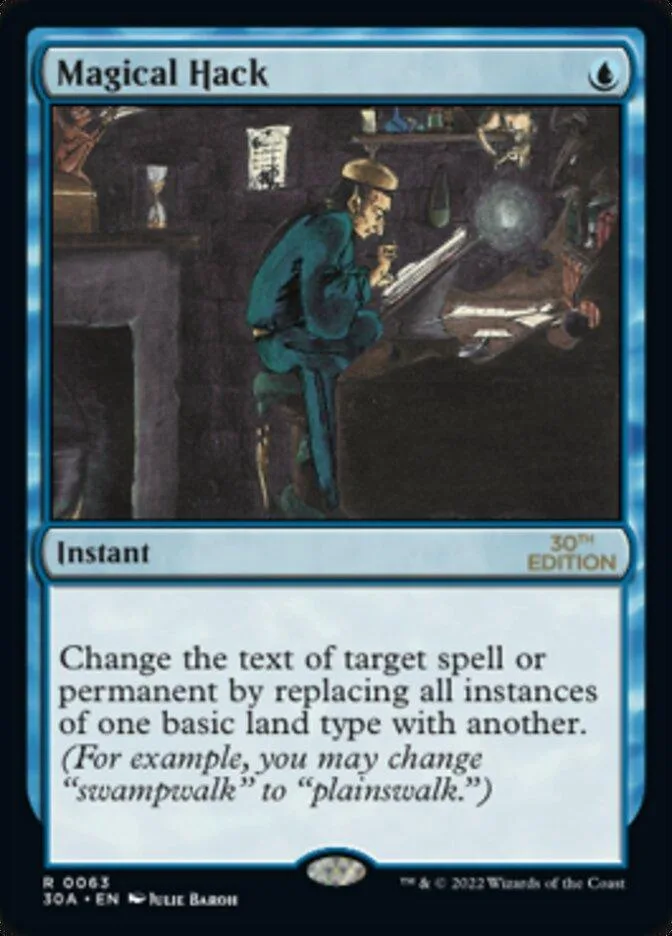 Magic: The Gathering card, Magical Hack, blue and black art, Instant.
