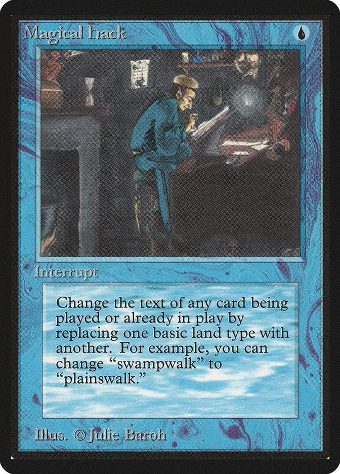 Blue and black Magic: The Gathering card, "Magical Hack," showing a man in a hat.