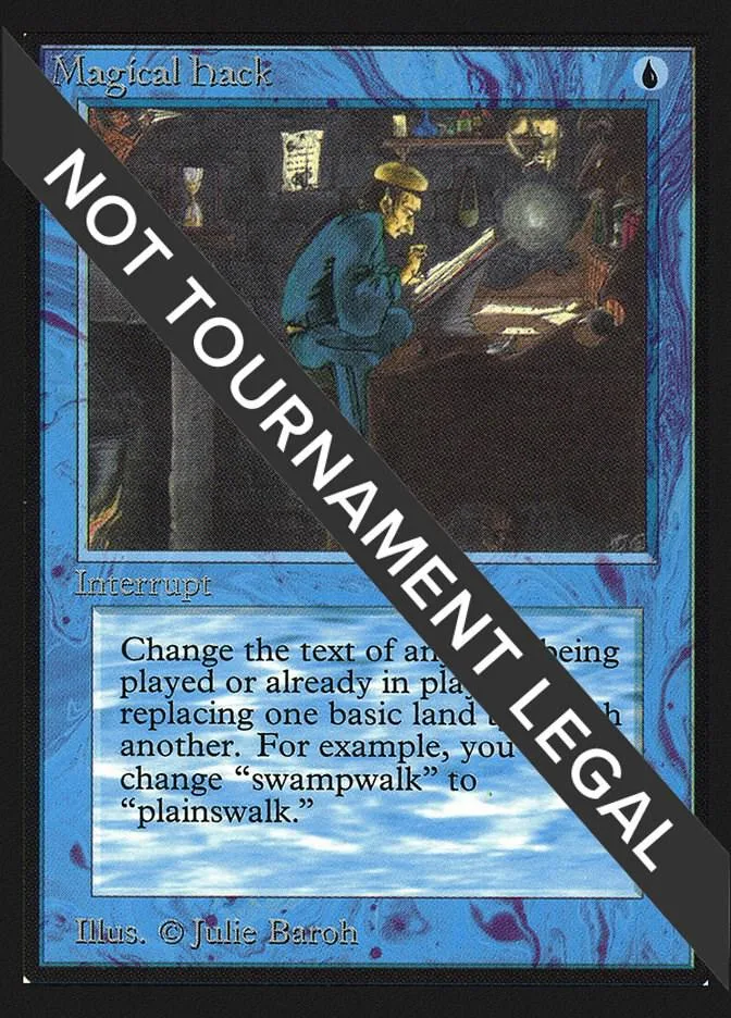 Blue and black Magic: The Gathering card art featuring a man at a piano.