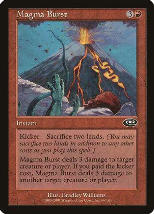 Volcano erupting with lightning over a mountain landscape on a Magic: The Gathering card.