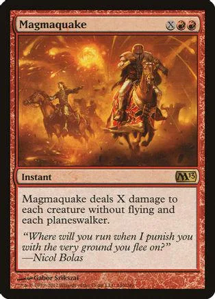 Creature card art: armored rider on horse amidst fiery, orange landscape.