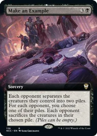 Magic: The Gathering card, "Make an Example," dark fantasy art, black and purple tones.