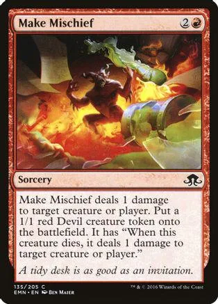 Dark, fiery scene on a Magic: The Gathering card titled "Make Mischief.