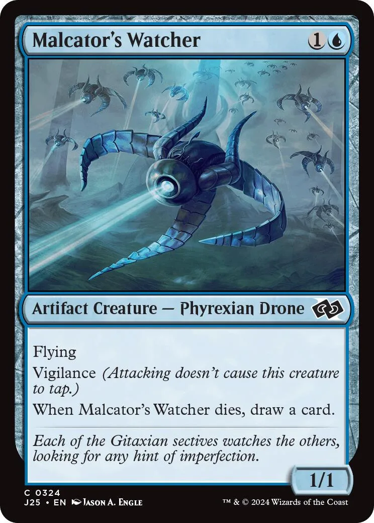 Blue and black mechanical drone creature flying among small dark spiders.