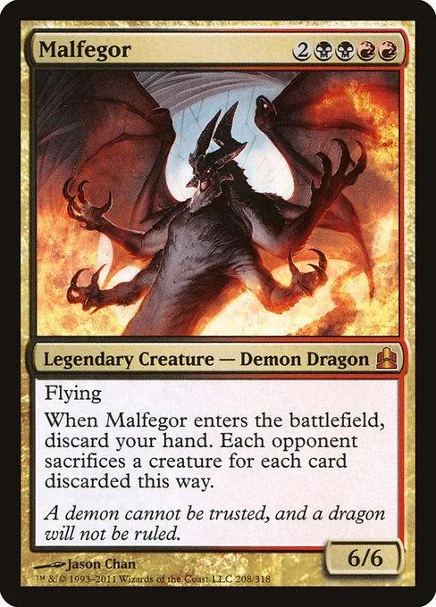 Black demon dragon creature card art with fiery background. 6/6 stats.