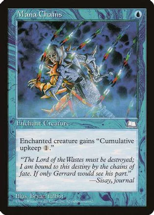 Blue and silver creature on a card with glowing energy beams.