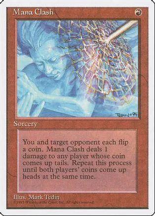 Blue and white Mana Clash Magic: The Gathering card art with spell text.