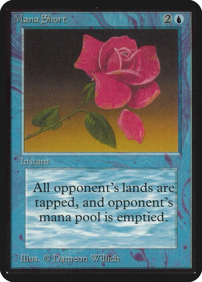 Pink rose illustration on a Mana Short card with blue and teal borders.