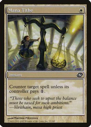 Black and gold balance scales and a figure on a cross on a Magic: The Gathering card.