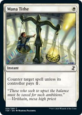 Black and white scales balanced by a dark figure on a Magic: The Gathering card.