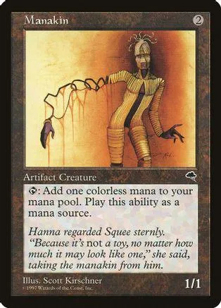 Mannequin figure with string, standing against a warm orange background on a card.