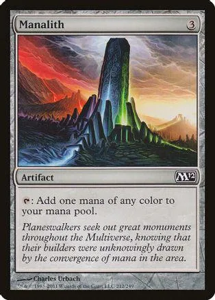 Blue and green landscape art on a Magic: The Gathering Manaolith card.