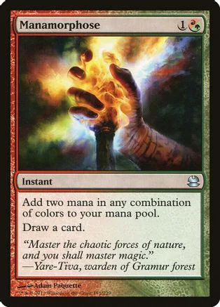 Card art shows glowing hands summoning energy. Manamorphose instant spell.