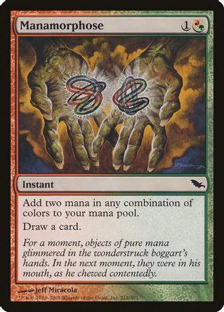 Two hands with swirling energy on a card with mana symbols.