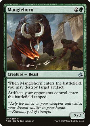 Dark, horned beast on a battlefield, black and brown colors, Magic: The Gathering card.
