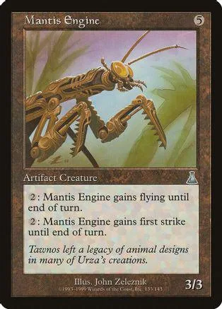Mechanical insect creature on card art, brown and green tones.