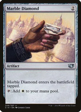 Hand holding a marble diamond card over a city skyline.
