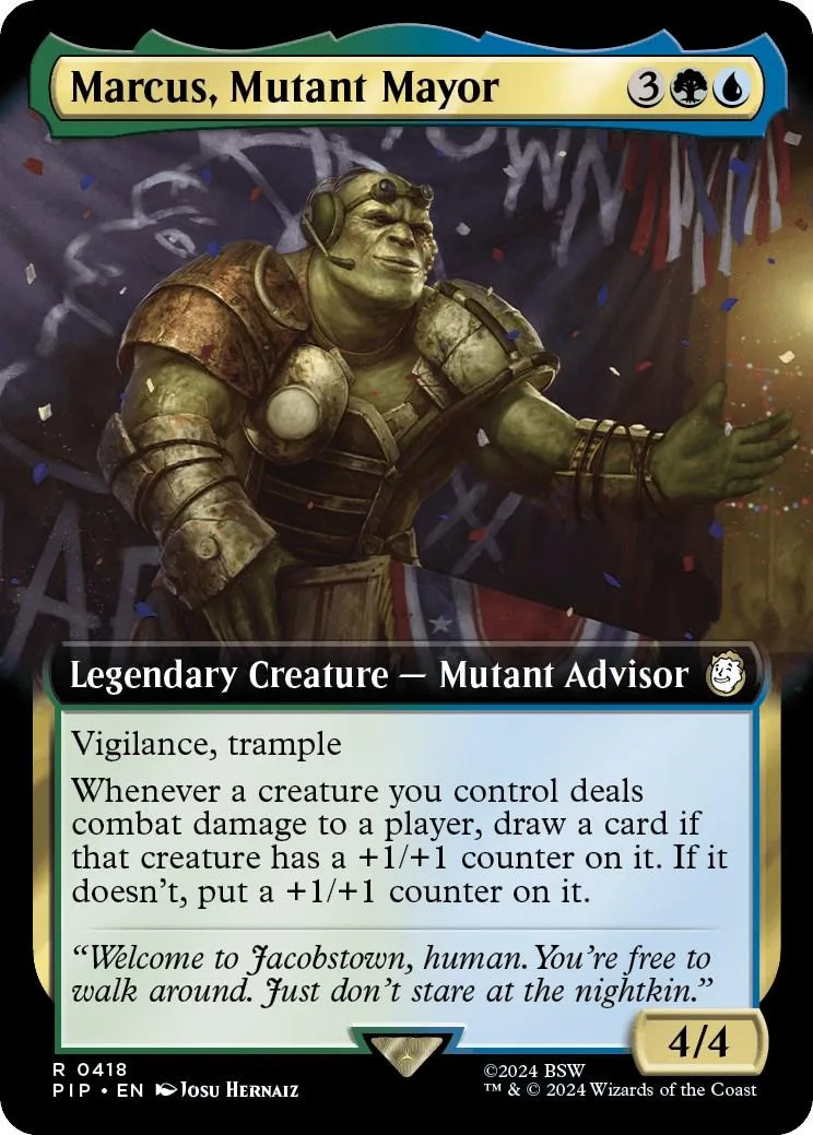 Green, armored mutant creature card with white text on black and green background.