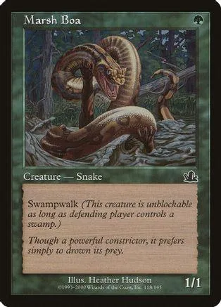 Marsh Boa creature card art, brown snake coiled in swampy green environment.