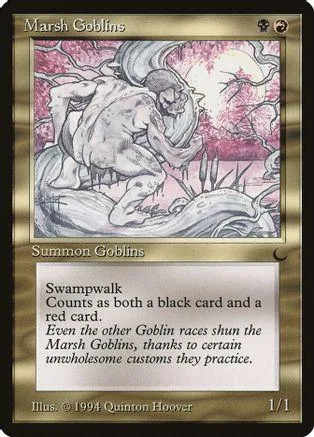 Goblin creature art card, black and red colors, showing swampy scene.