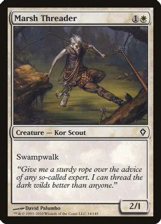 Creature card art: figure in swampy woods, dark tones, fantasy scene.