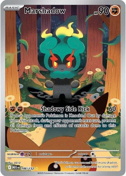 Green and black monster Pokémon card, Marshadow, HP 90.
