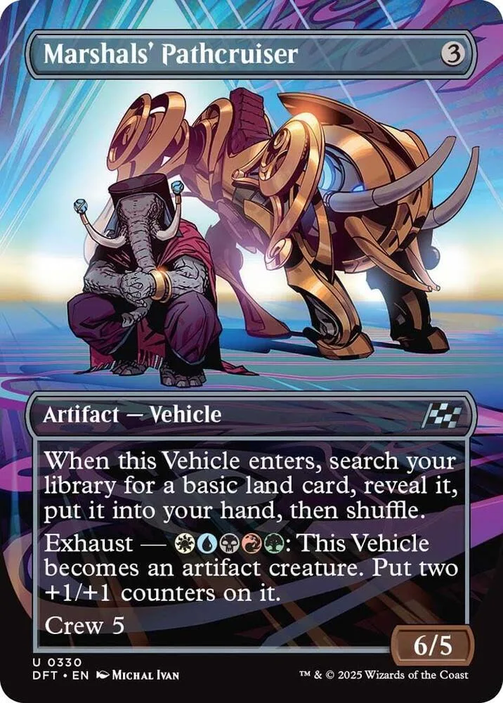 Card art depicts a figure next to a large, golden, horned mechanical beast.