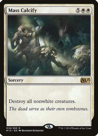 Black and green Magic: The Gathering card, Mass Calcify, showing dark fantasy art.