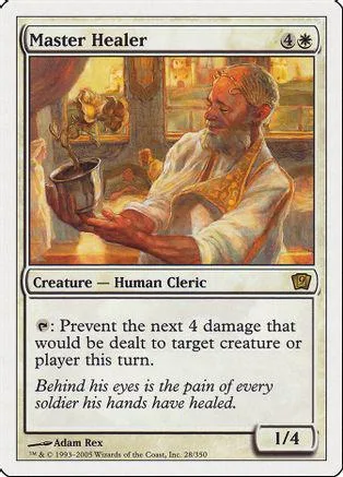 Card art shows bearded man in white robe holding a pot. Master Healer creature card.