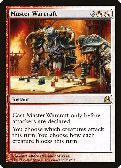 Large, armored creature battles a warrior on a fantasy battlefield card.