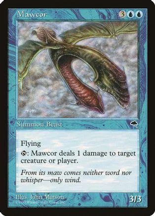 Green and brown dragon creature card, "Mawcor," with text box.