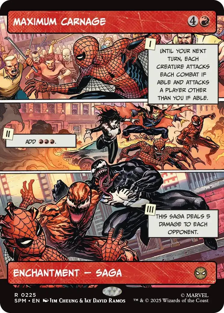 Red and black trading card featuring spider-themed characters in action.