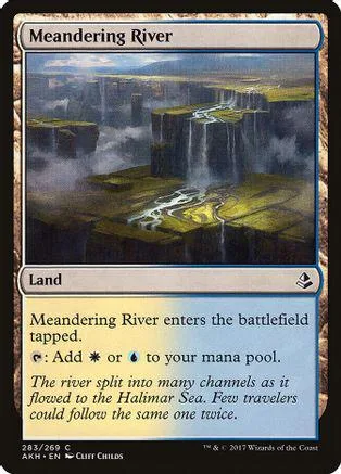 Blue and green landscape art on a Magic: The Gathering land card.
