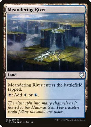 Blue and green landscape art on a Magic: The Gathering land card.