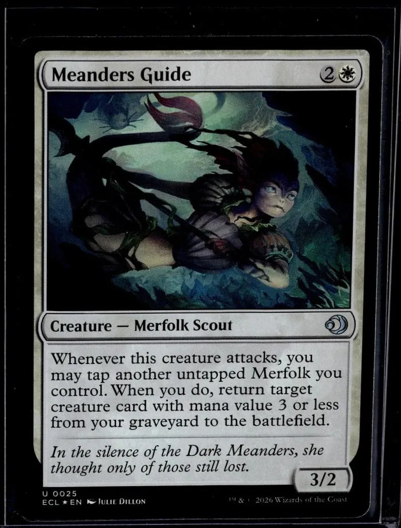 Dark-haired merfolk creature card, blue and green tones, showing on a black border.