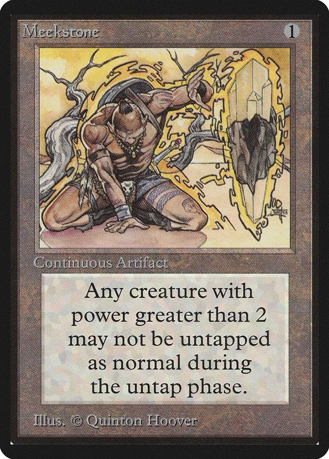 Card art depicts muscular figure in yellow/brown tones. Text reads "Meekstone.