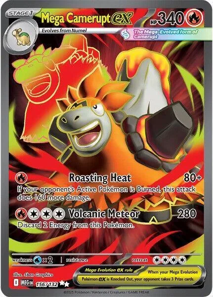 Mega Camerupt EX Pokémon card, fiery orange and red design, 340 HP.