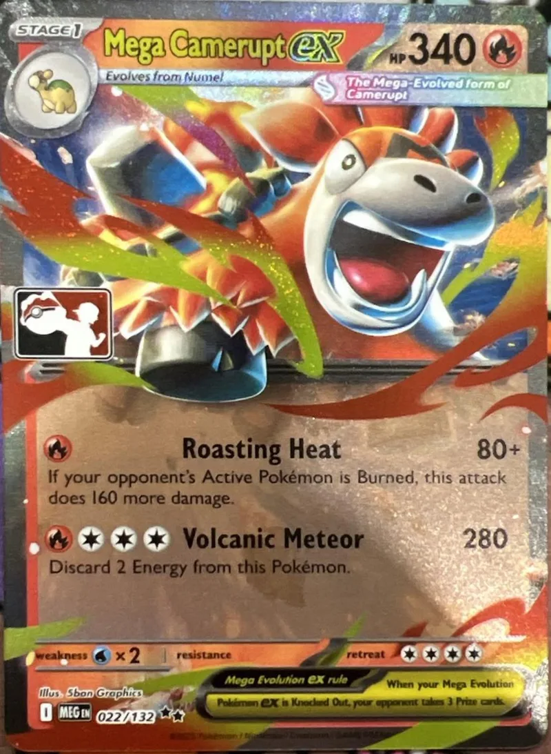 Mega evolution Pokémon card featuring a fiery, horned creature with attack details.