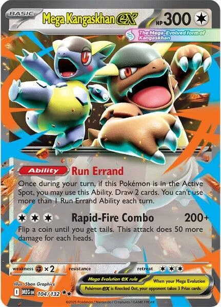 Mega Kangaskhan EX card, featuring blue, yellow, and brown Pokémon art.