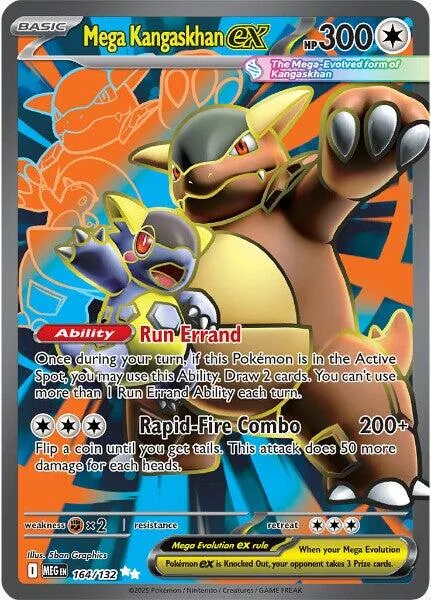 Mega Kangaskhan EX Pokémon card, brown and yellow, with attack details.