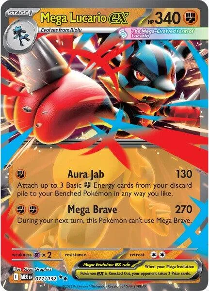 Red and black Pokémon card, Mega Lucario EX, showing dynamic action.